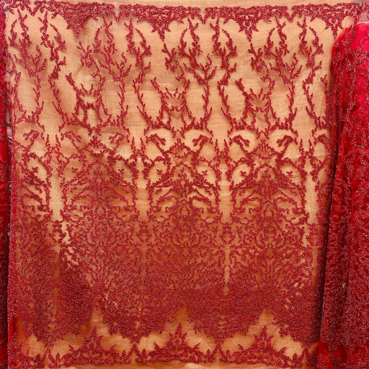 1 Yard Rose Gold Beaded Lace Fabric, Embroidered Polyester Mesh, 52" Wide,