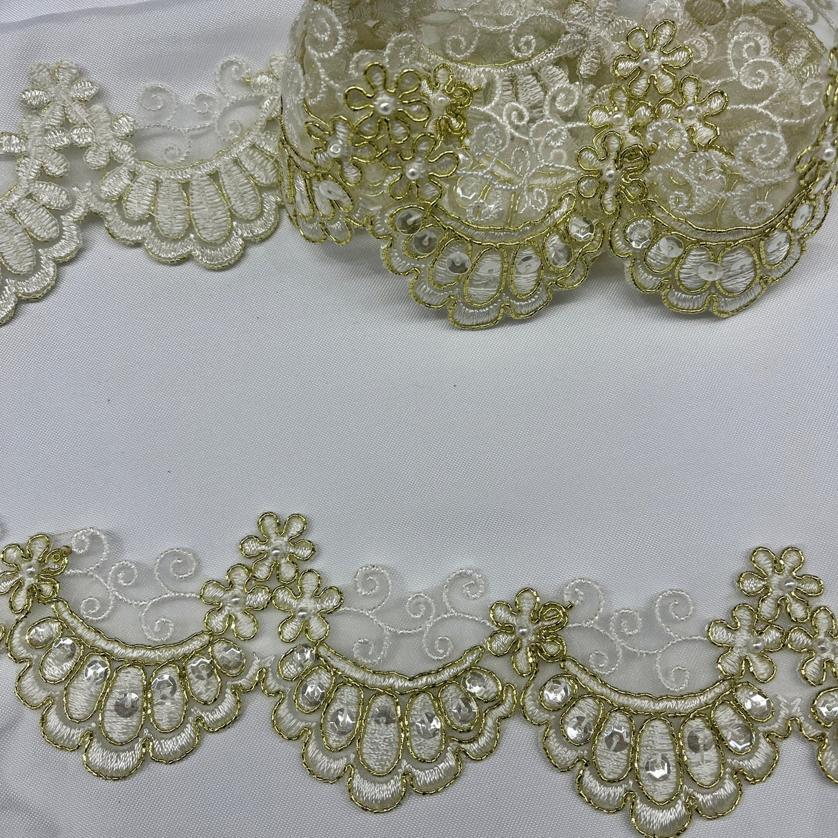 1 Yard Beaded & Corded Embroidered Lace Trim 2.5" Wide 100% Polyester Net Mesh for Special Occasion Dresses