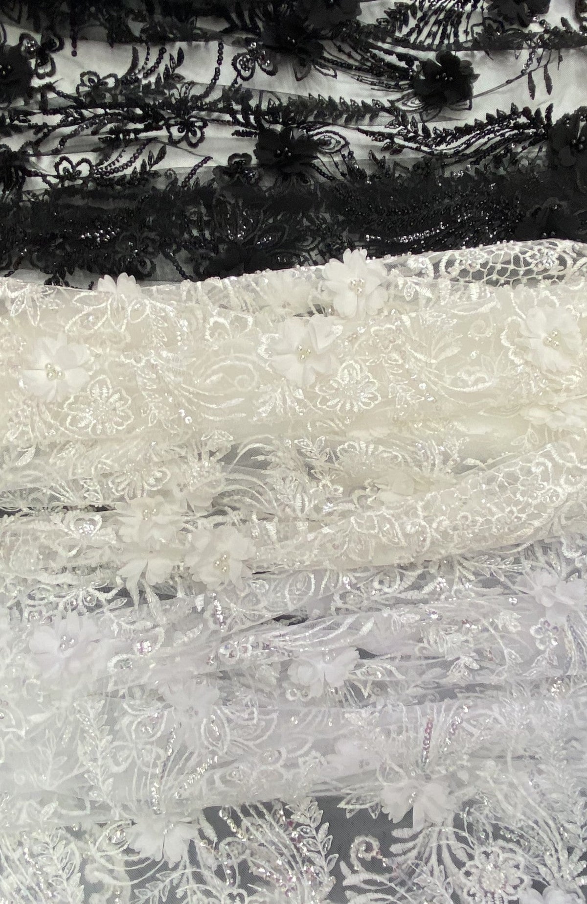 3D Chiffon Flower Pearls And Beaded Lace Polyester Fabric - Black, White, Off White, 3D Floral Beaded Lace, 54" Width (1 Yard)