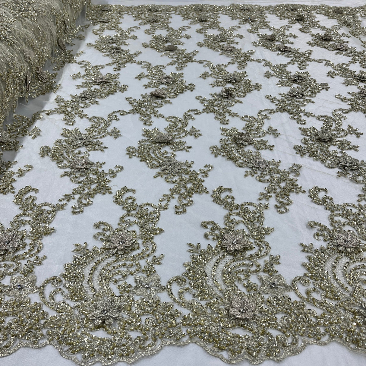 1 Yard Beaded 3D Floral Lace Fabric on Polyester Net Mesh, Dusty Rose, 52" Wide, Elegant Embroidered Lace Fabric