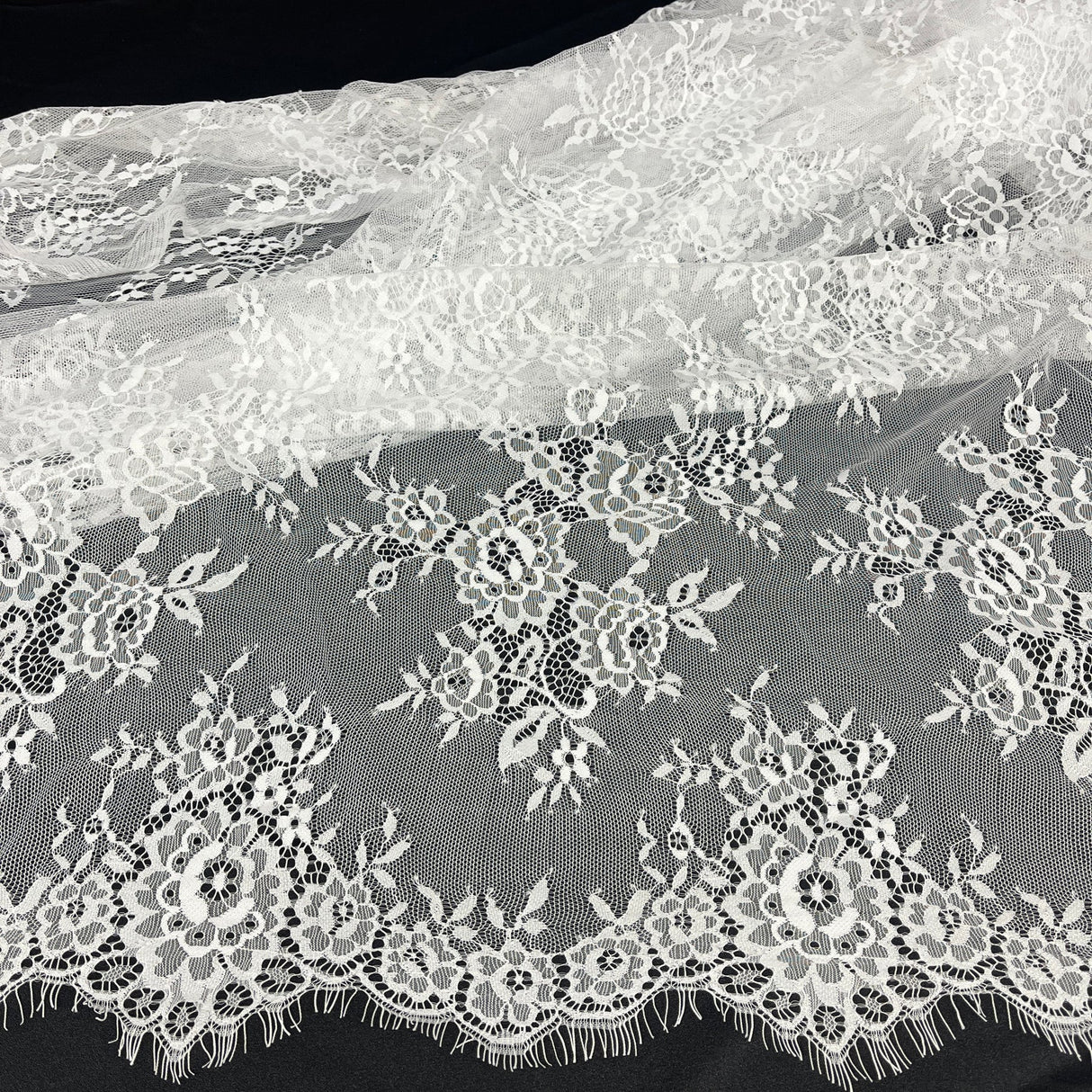 1 Yard Chantilly Embroidered Lace Fabric with Eyelash Scallop, 58" Wide French Alençon Lace for Bridal & Evening Dresses