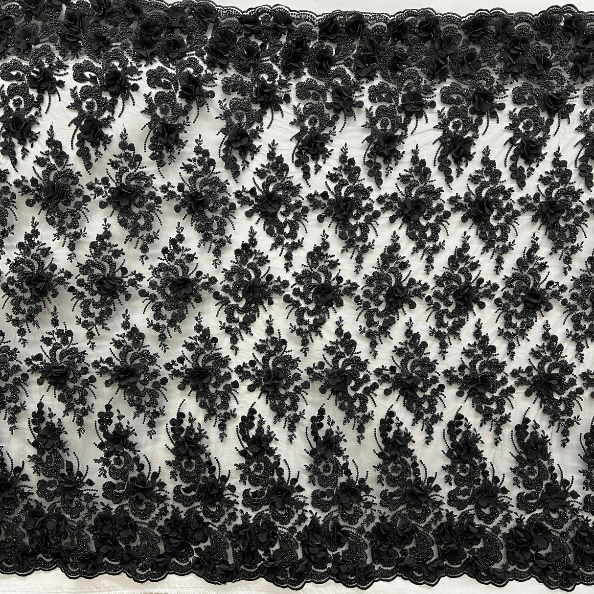 1 Yard Beaded 3D Floral Lace Fabric on Polyester Net Mesh, Embroidered Textile, 54" Width