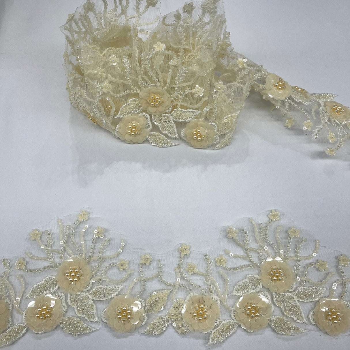 1 Yard Embroidered on 100% Polyester Net Mesh 4″ Wide Beaded & Corded Floral Lace Trimming