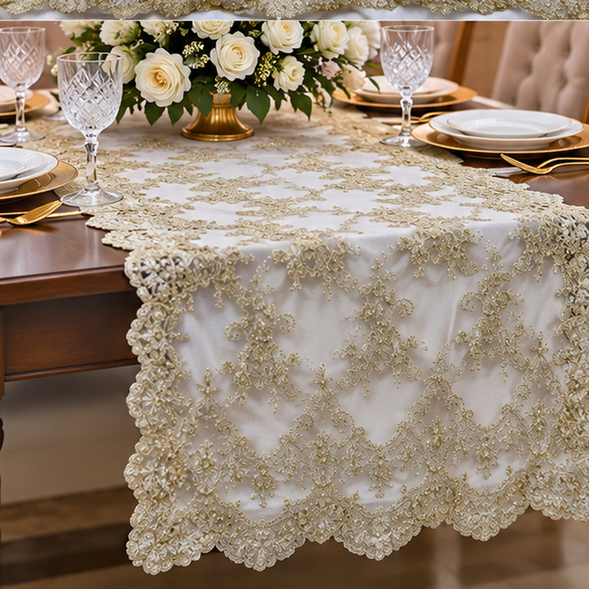 Corded Bridal Lace Fabric Embroidered Polyester Net Mesh 52 Inch