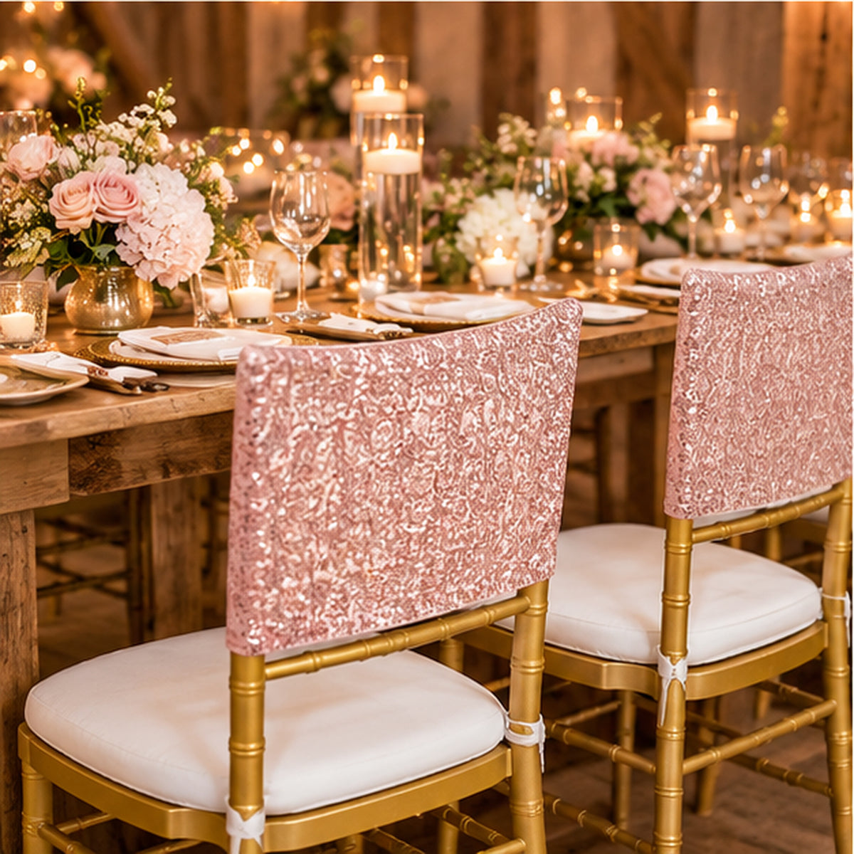 Blush Pink Rose Gold Sequin Spandex Chair Caps 220 GSM Stretch