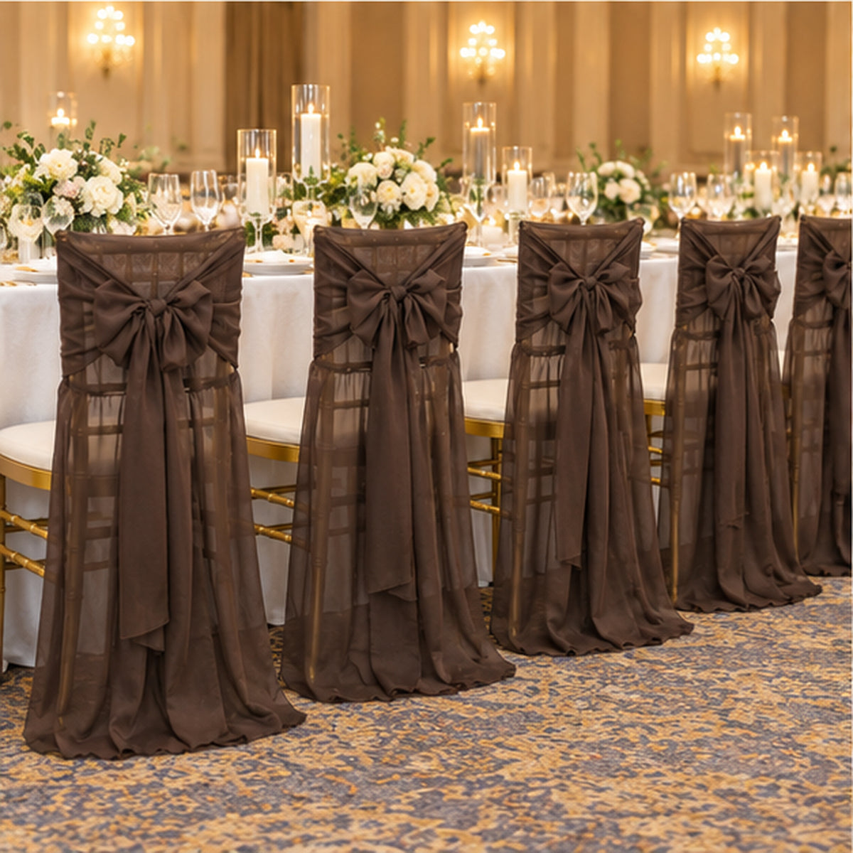 Chocolate Brown Chiffon Chiavari Chair Cover With Sash Sheer