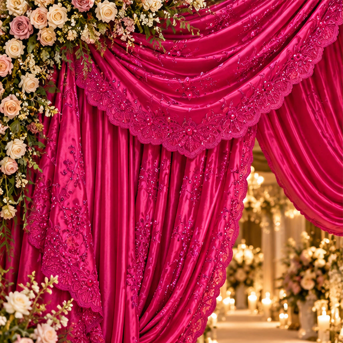 Beaded Bridal Lace Fabric Floral Embroidered Satin Polyester
