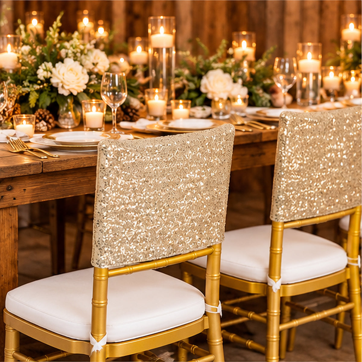Champagne Gold Sequin Spandex Chair Caps 220 GSM Soft Shimmer