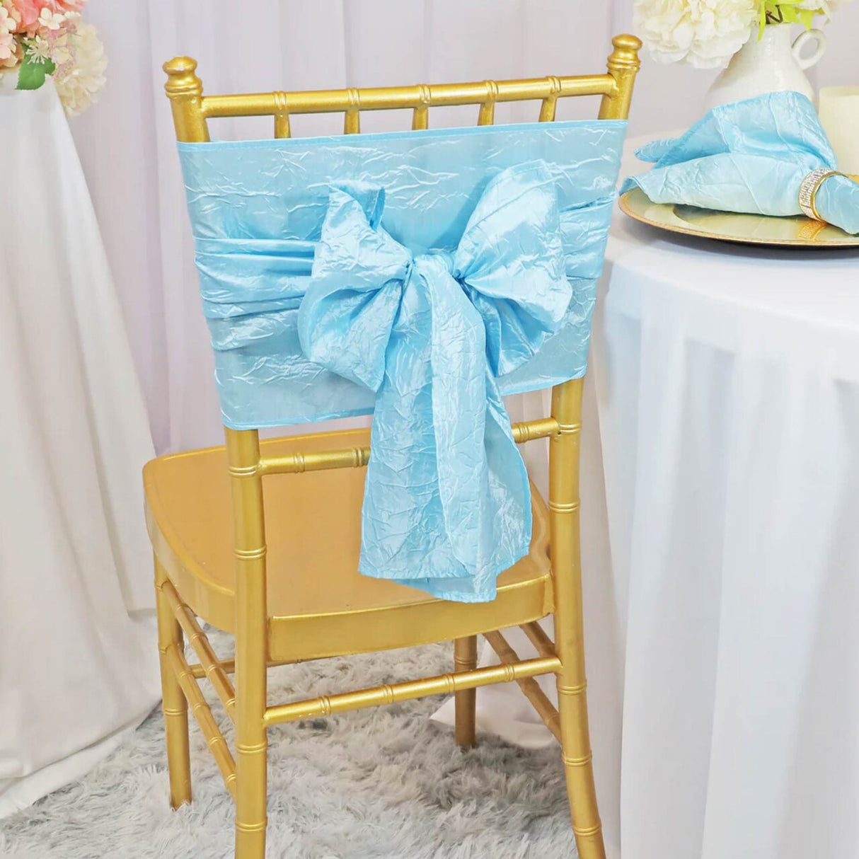 10 Pieces Baby Blue Crushed Taffeta Chair Wraps, 9.5"x108" Delicate Event Sashes