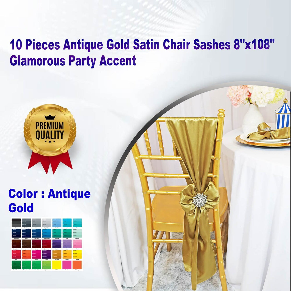 10 Pieces Antique Gold Satin Chair Sashes 8"x108" Glamorous Party Accent