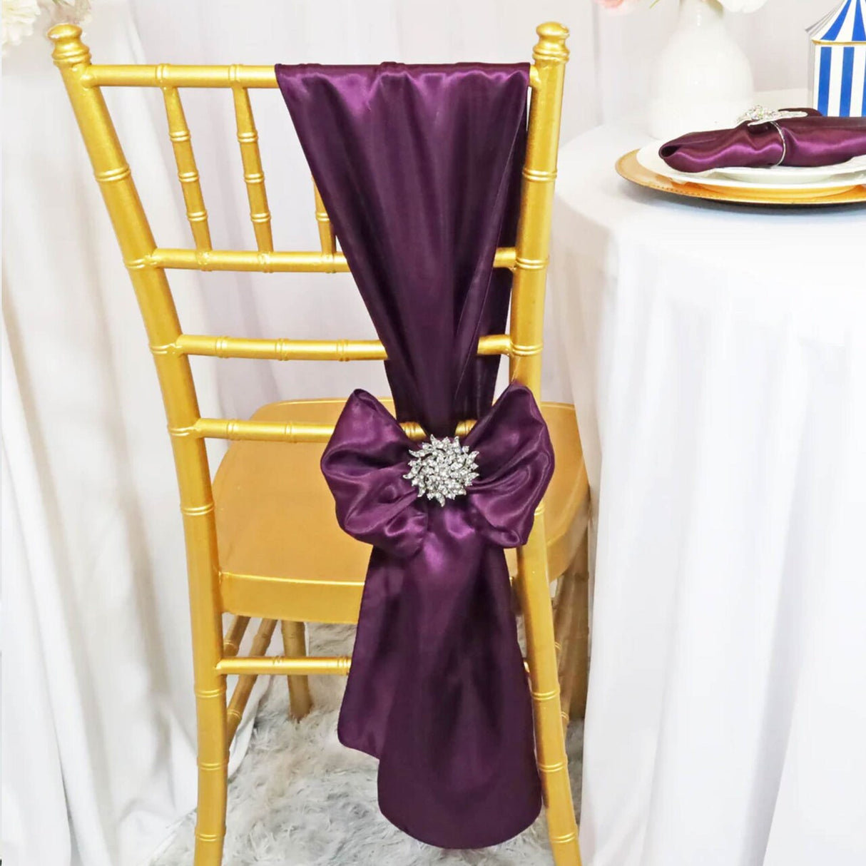 10 Pieces Plum Satin Chair Strips, 8"x108" Sophisticated Event Decorations