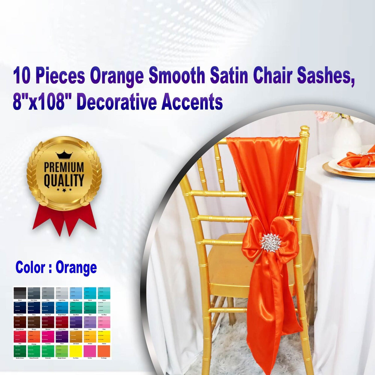 10 Pieces Orange Smooth Satin Chair Sashes, 8"x108" Decorative Accents
