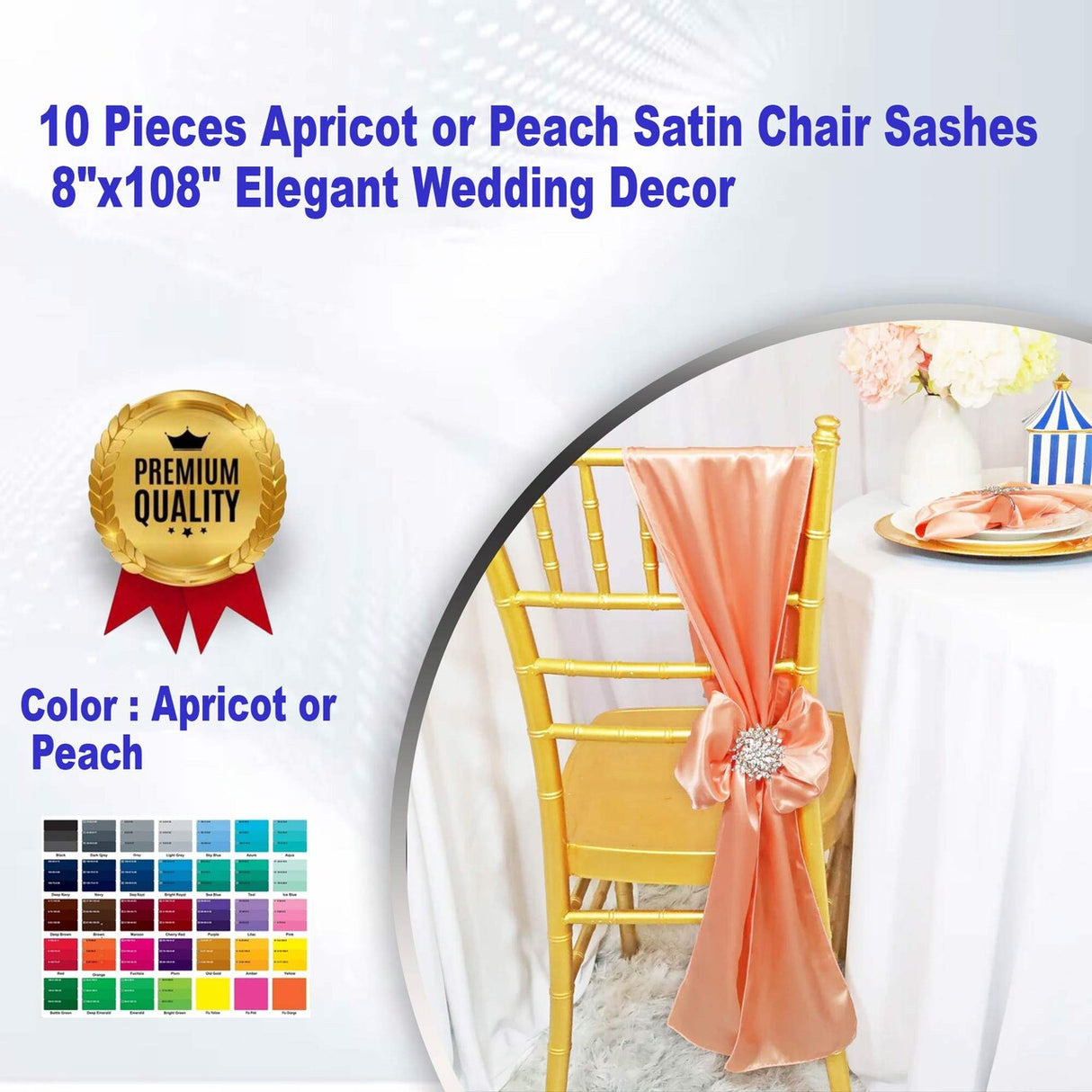 10 Pieces Apricot Peach Satin Chair Sashes 8"x108" Elegant Wedding Decor