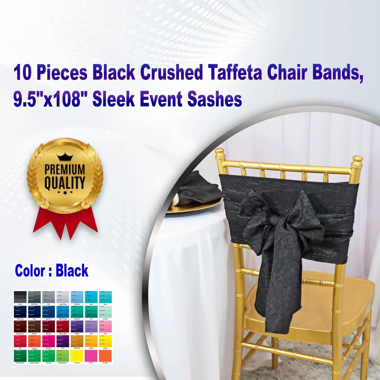 10 Pieces Black Crushed Taffeta Chair Bands, 9.5"x108" Sleek Event Sashes