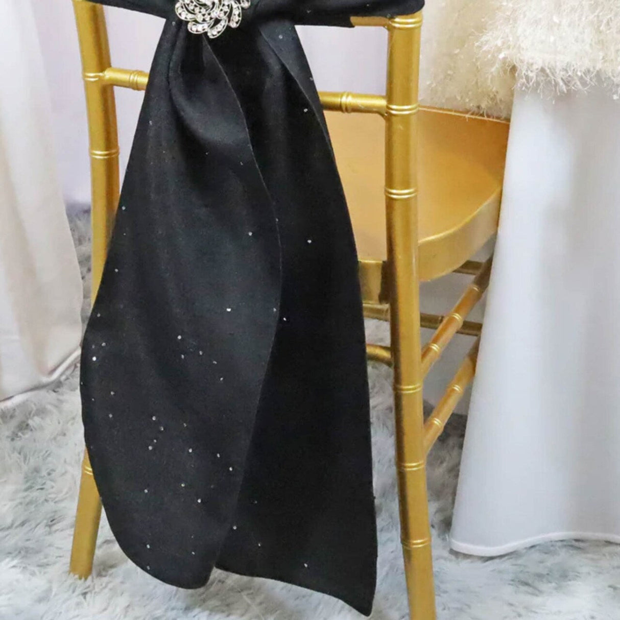 10 Pieces Black Sequin Paillette Poly Flax Burlap Chair Sashes 8"x108" Rustic Glam Event Decor