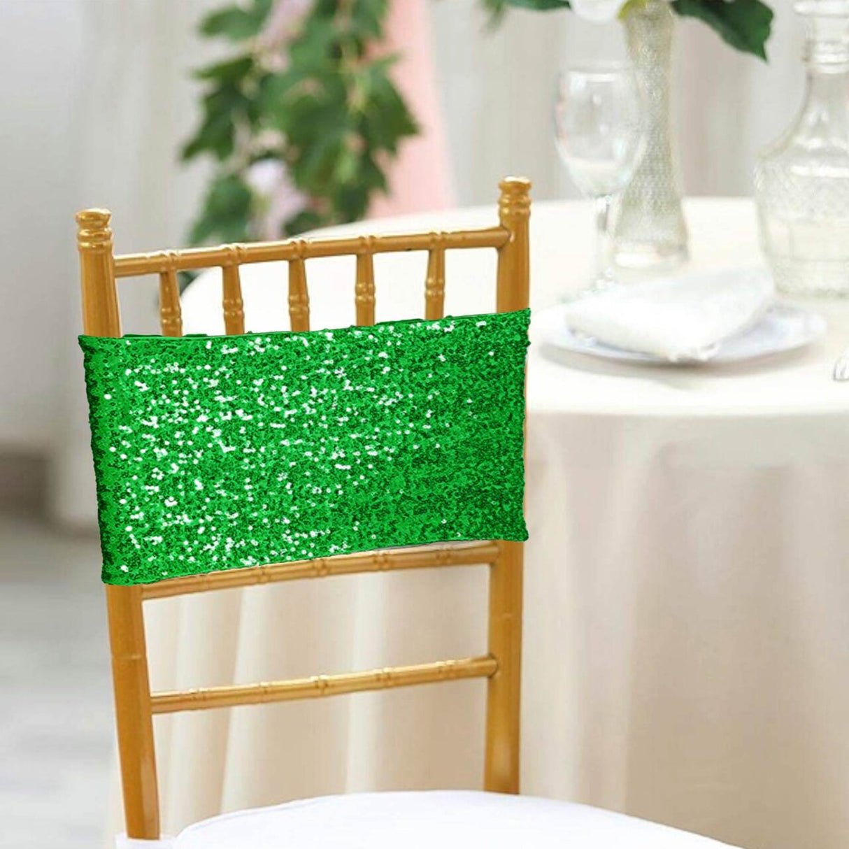 10 Pieces Radiant Emerald Green Sequin Stretch Spandex Chair Bands 7 x 13 Inches