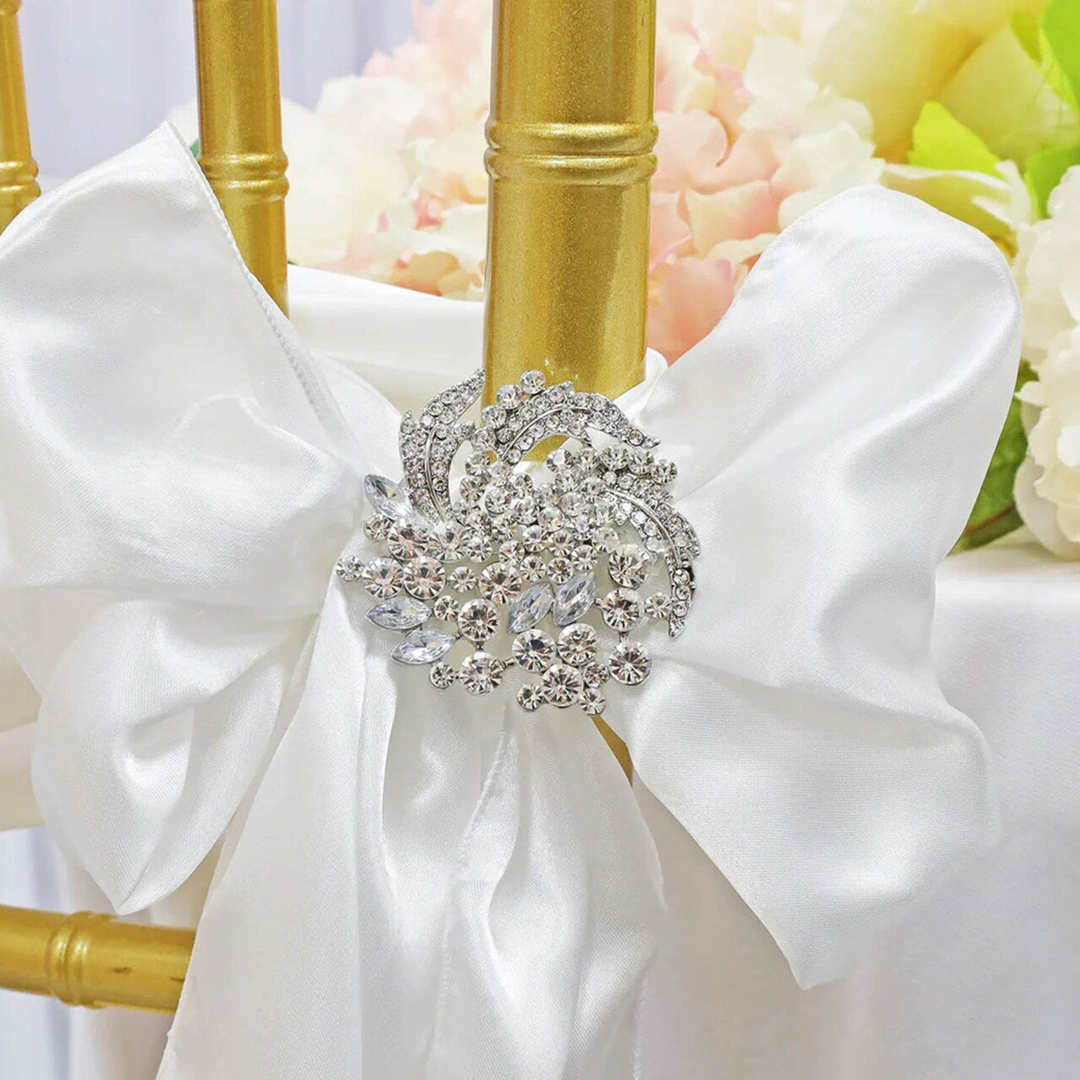 1 Piece Floral Rhinestone Chair Sash Buckle Silver Metal Accent 2 Inch Width