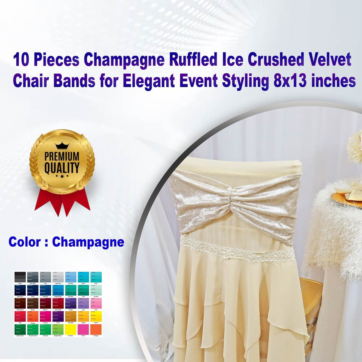 10 Pieces Champagne Ruffled Ice Crushed Velvet Chair Bands for Elegant Event Styling 8x13 inches