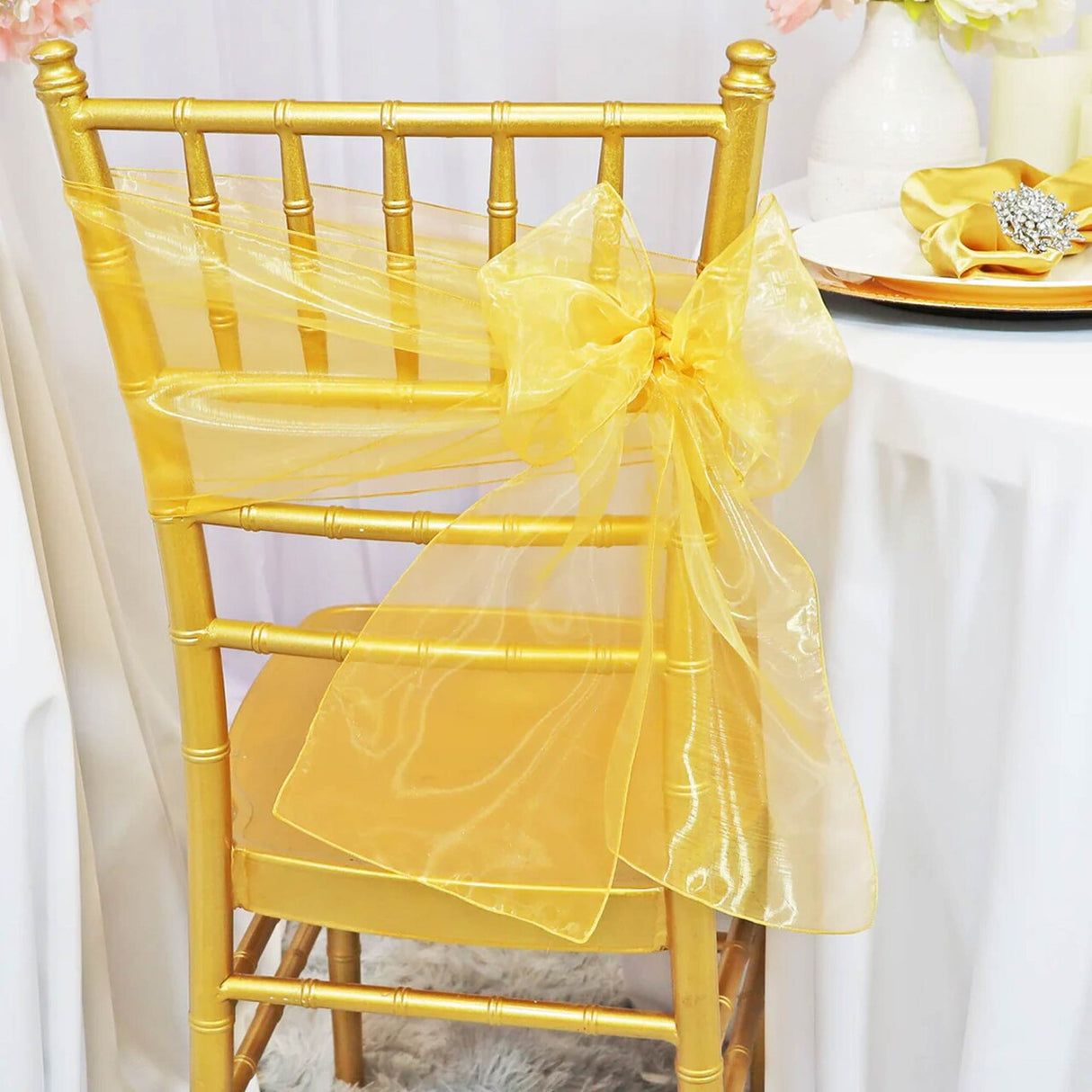 10 Pieces Gold Organza Chair Sashes 8"x108" Sheer Elegant Wedding & Party Decor