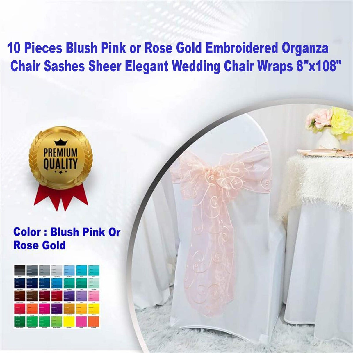 10 Pieces Blush Pink Rose Gold Embroidered Organza Chair Sashes Sheer Elegant Wedding Chair Wraps 8"x108"