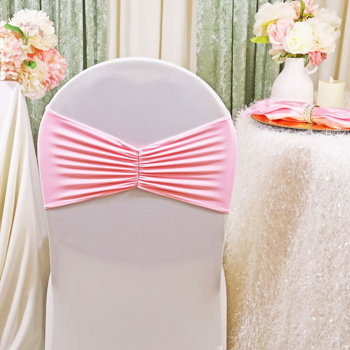 10 Pieces Pink Ruffled Spandex Chair Bands for Charming Event Decor 8x13 inches