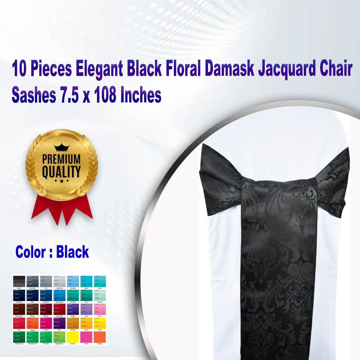 10 Pieces Elegant Black Floral Damask Jacquard Chair Sashes 7.5 x 108 Inches