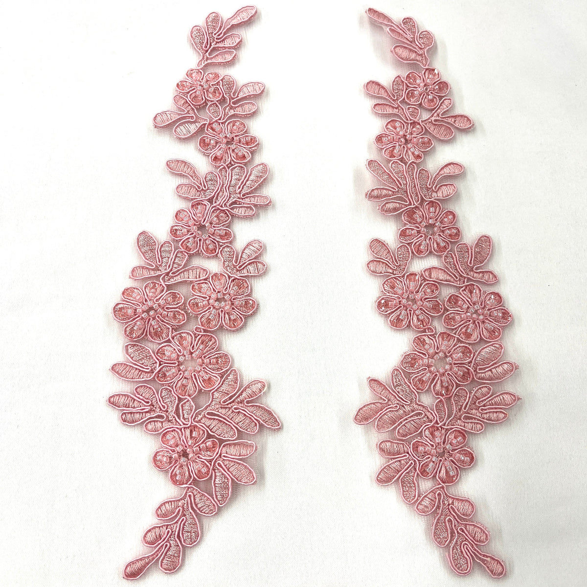 1 Yard Beaded and Corded Floral Lace Applique Embroidered on 100% Polyester Net Mesh 9.5" x 2" Each Side