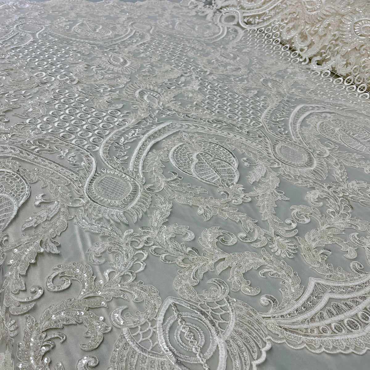 1 Yard 54" Wide Beaded & Corded Bridal Lace Fabric Embroidered on 100% Polyester Net Mesh