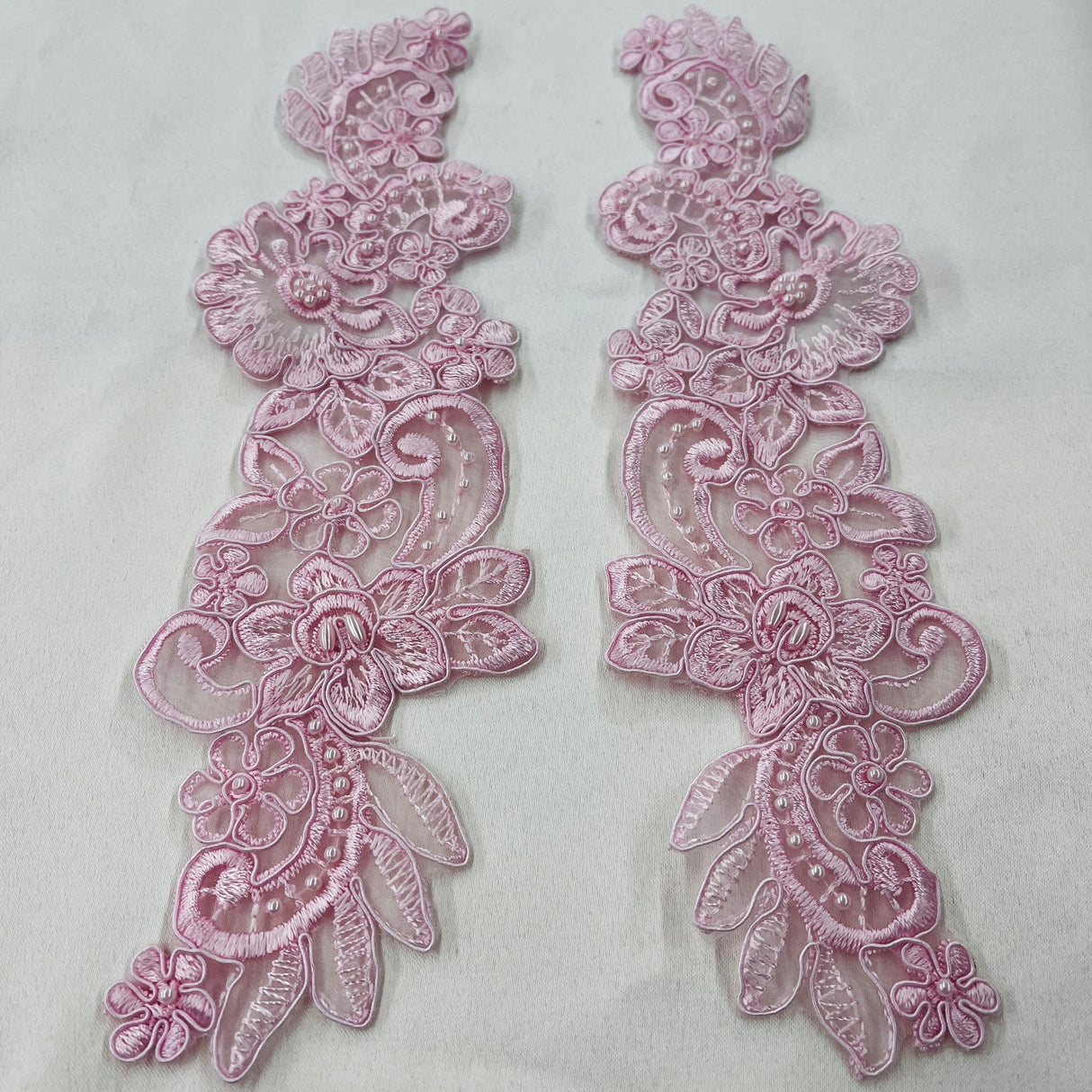 1 Pair 10" x 3" Each Side Beaded & Corded Floral Lace 100% Polyester Organza