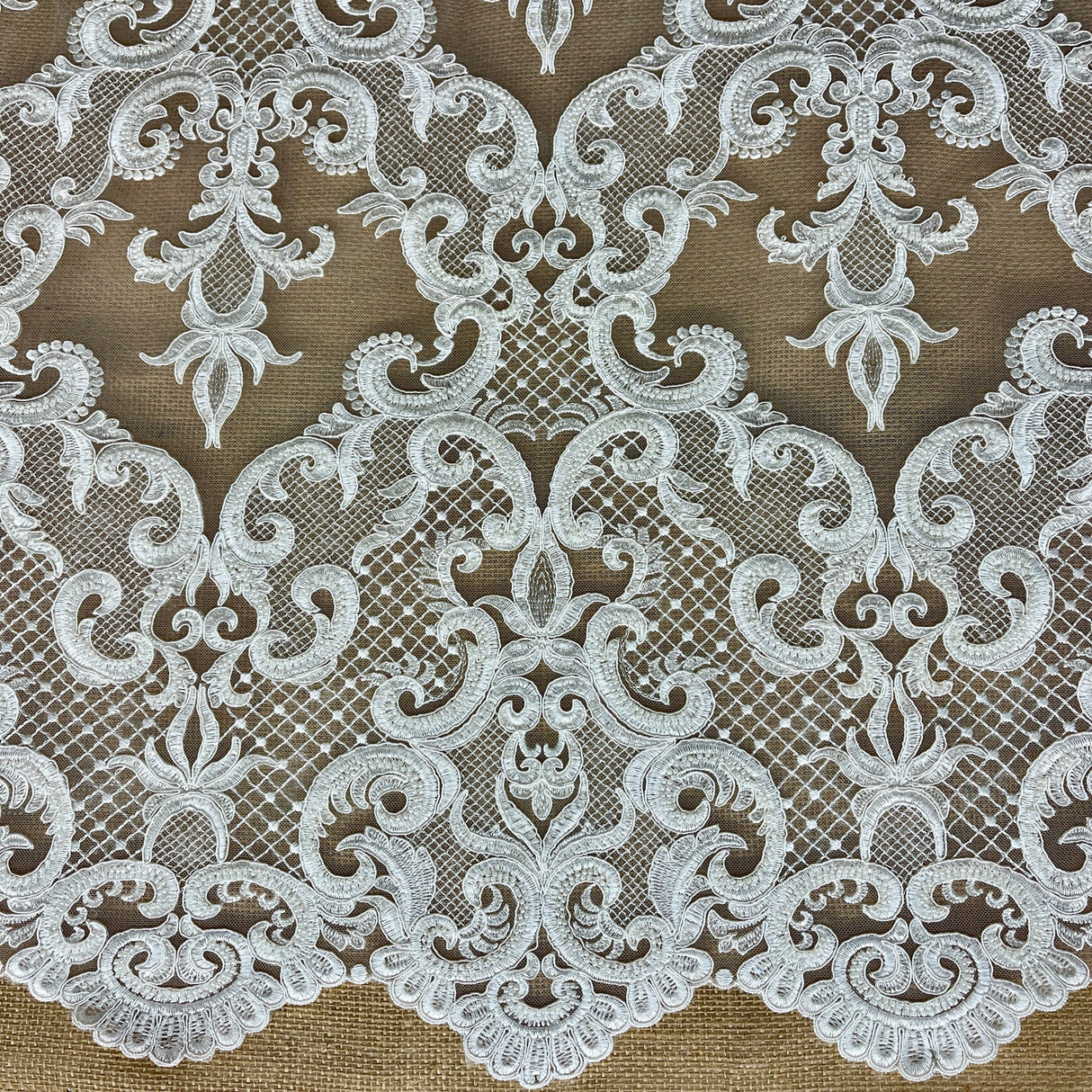 1 Yard Beaded & Corded Bridal Lace Fabric Embroidered on Polyester Net Mesh 53" Wide