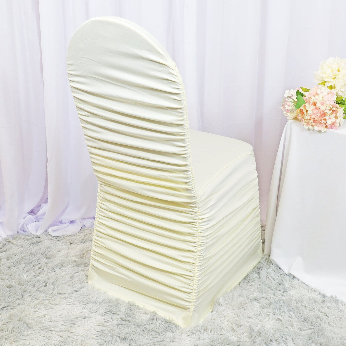 1 Piece Ivory Rouge Chair Cover, Elegant Ruffled Spandex Banquet Chair Wrap