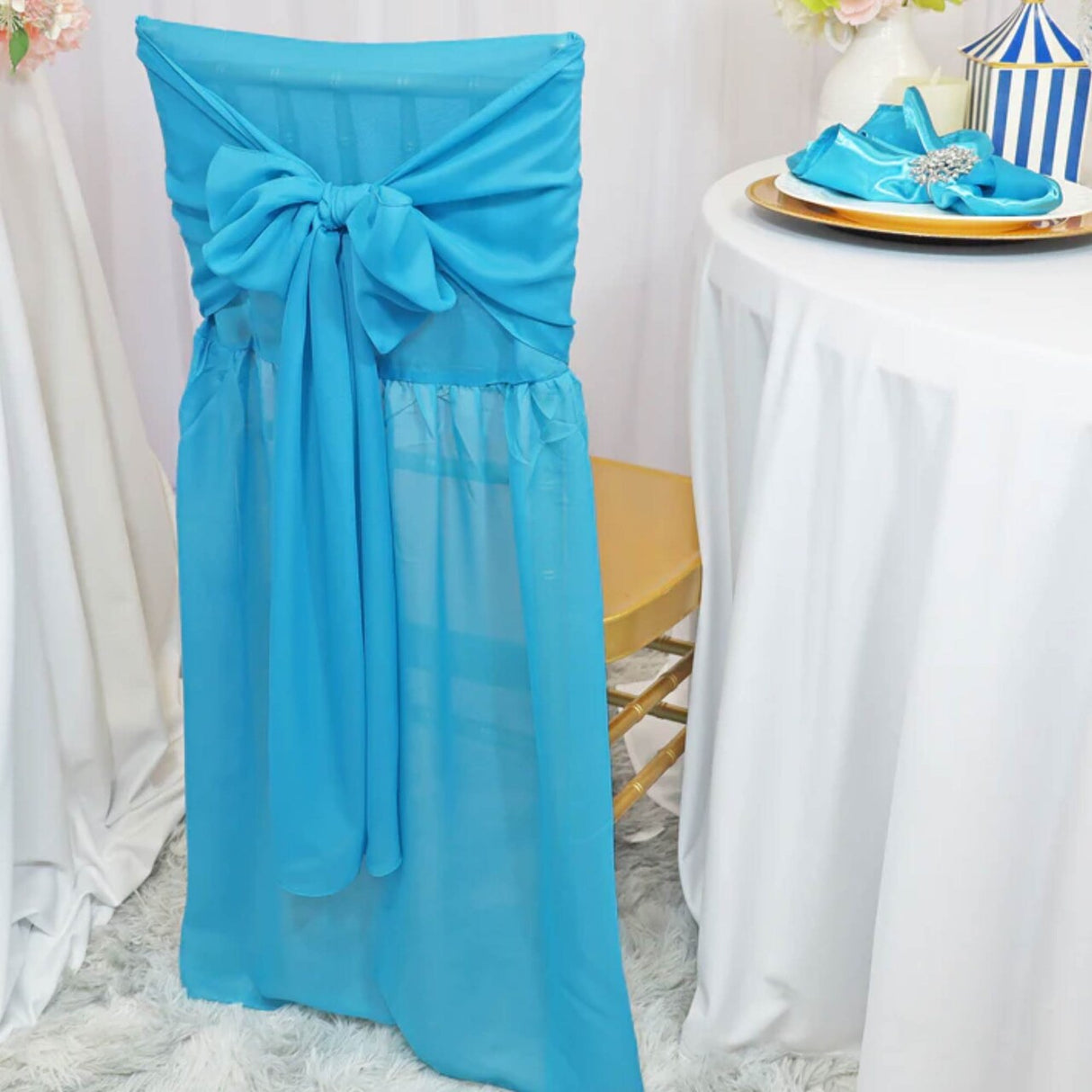 1 Piece Turquoise Sheer Chair Back Cover with Sash Flowing Chiffon Slipcover for Chiavari Chairs