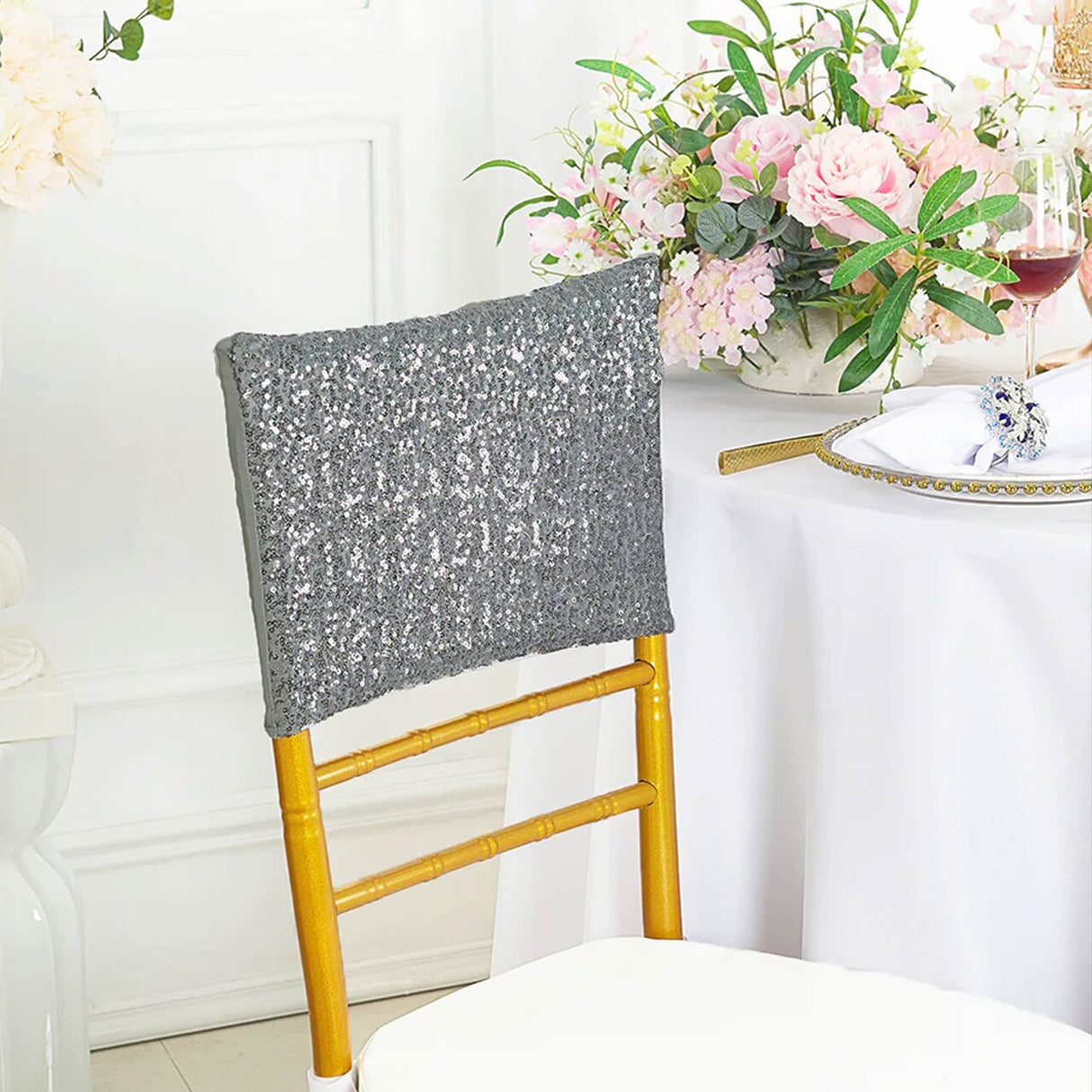 1 Piece Silver Sequin Spandex Chair Cap 13.5 inch by 10 inch Banquet Cover