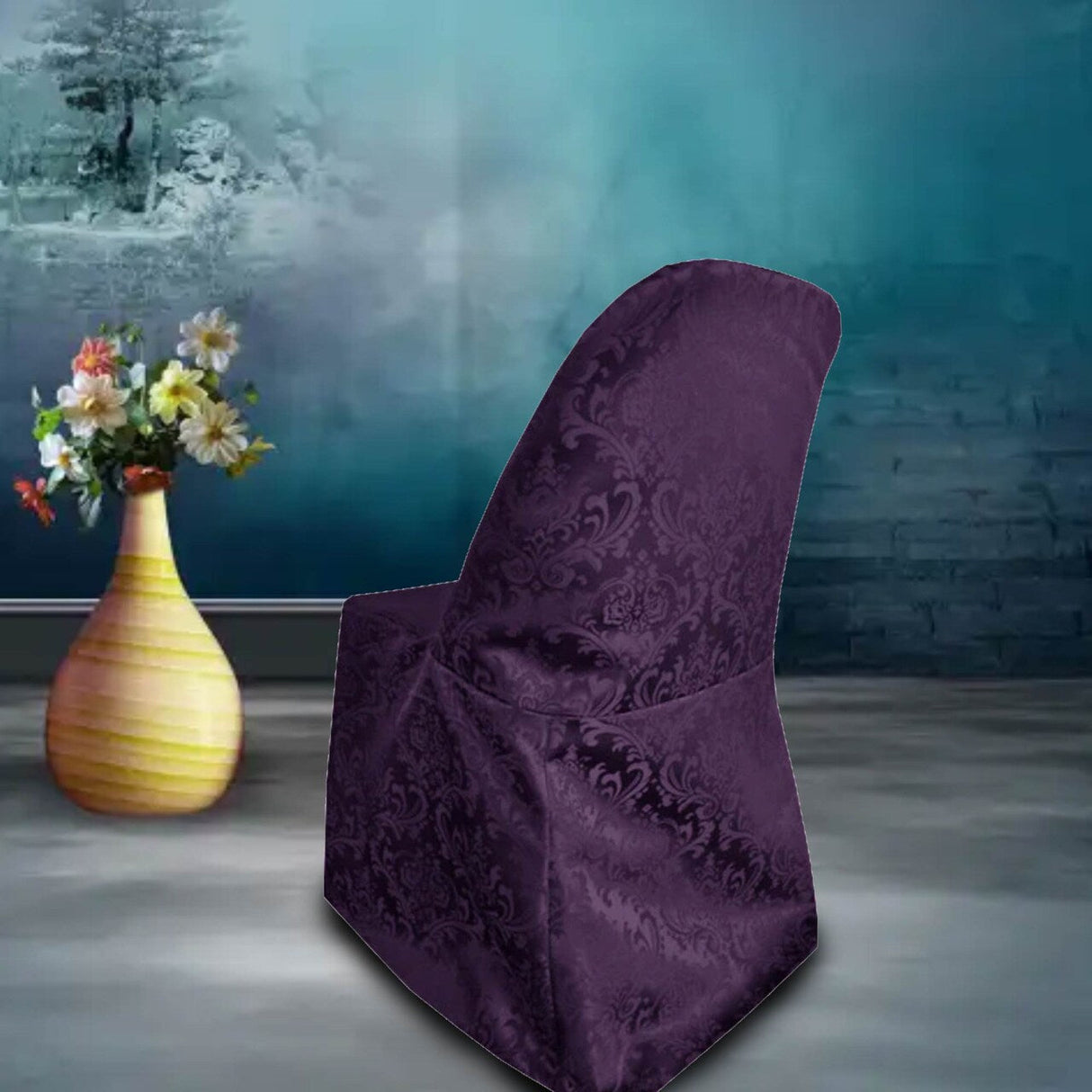 1 Piece Eggplant Floral Damask Jacquard Chair Cover for Elegant Folding Seating