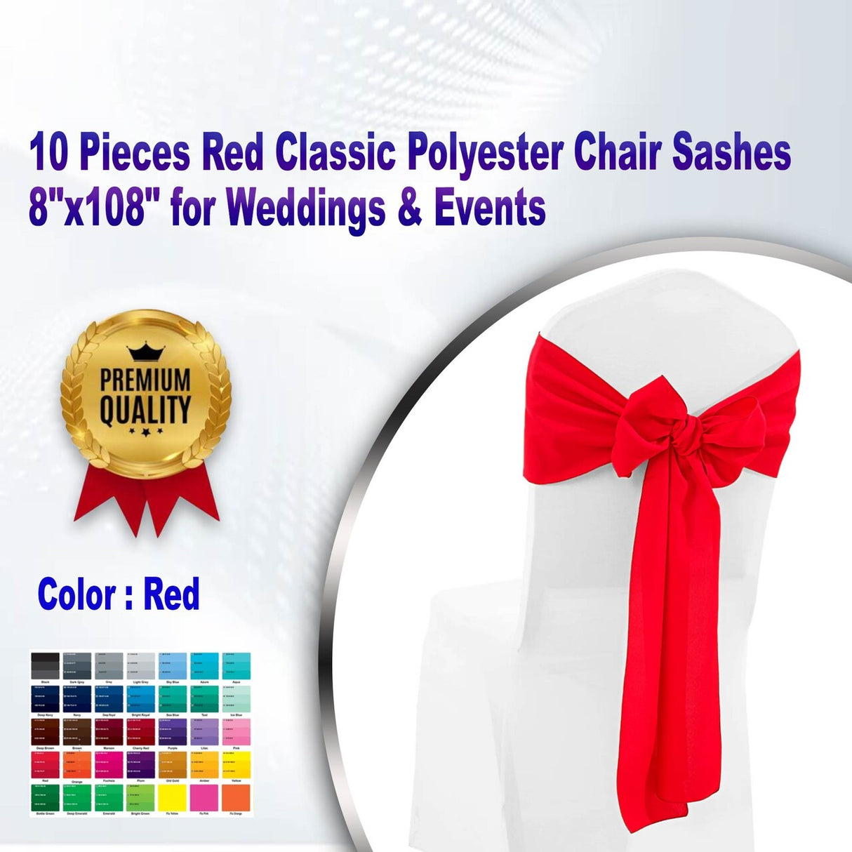 10 Pieces Red Classic Polyester Chair Sashes 8"x108" for Weddings & Events