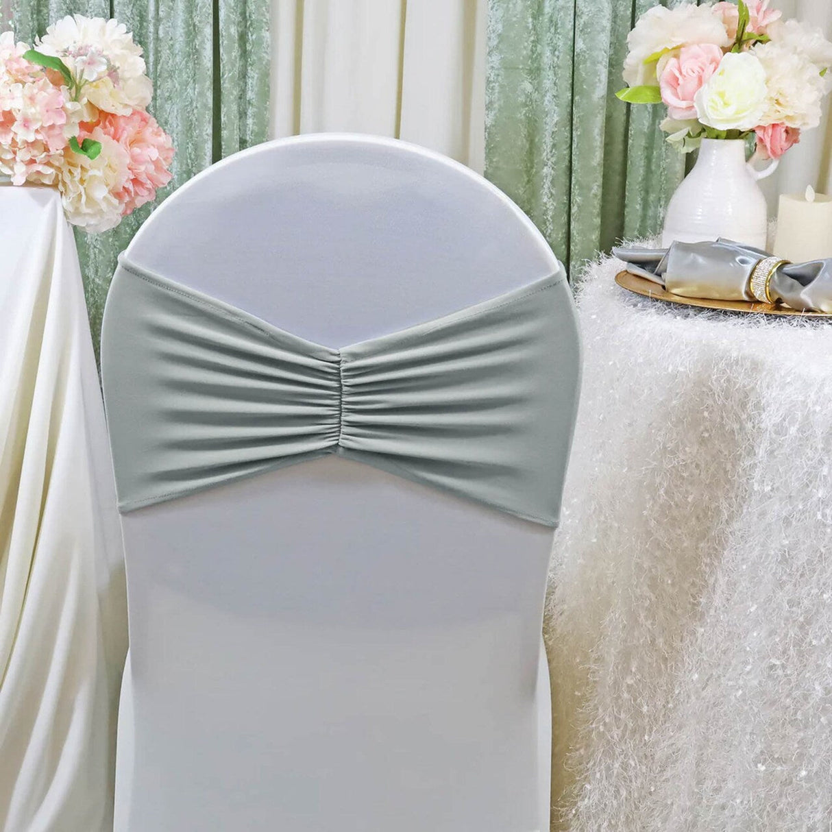 10 Pieces Silver Ruffled Spandex Chair Bands for Modern Event Styling 8x13 inches