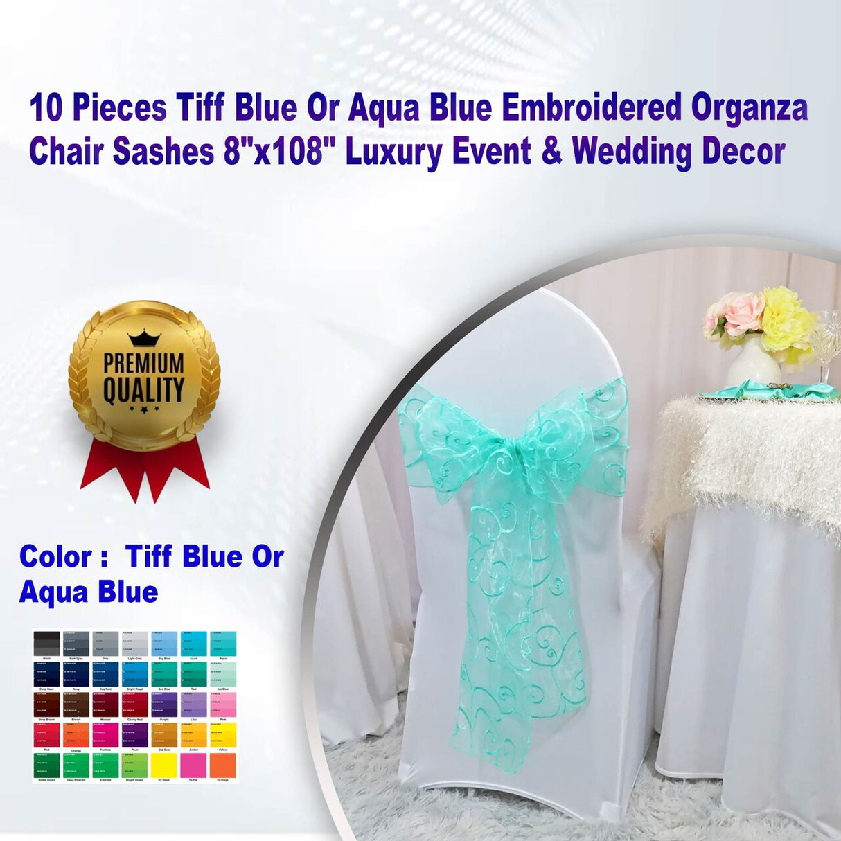 10 Pieces Tiff Blue Or Aqua Blue Embroidered Organza Chair Sashes 8"x108" Luxury Event & Wedding Decor