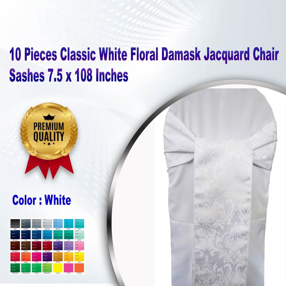 10 Pieces Classic White Floral Damask Jacquard Chair Sashes 7.5 x 108 Inches