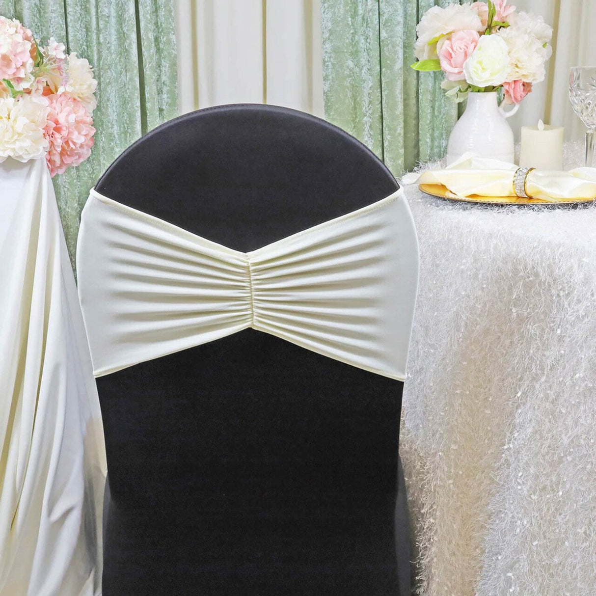 10 Pieces Ivory Ruffled Spandex Chair Bands for Classic Event Elegance 8x13 inches
