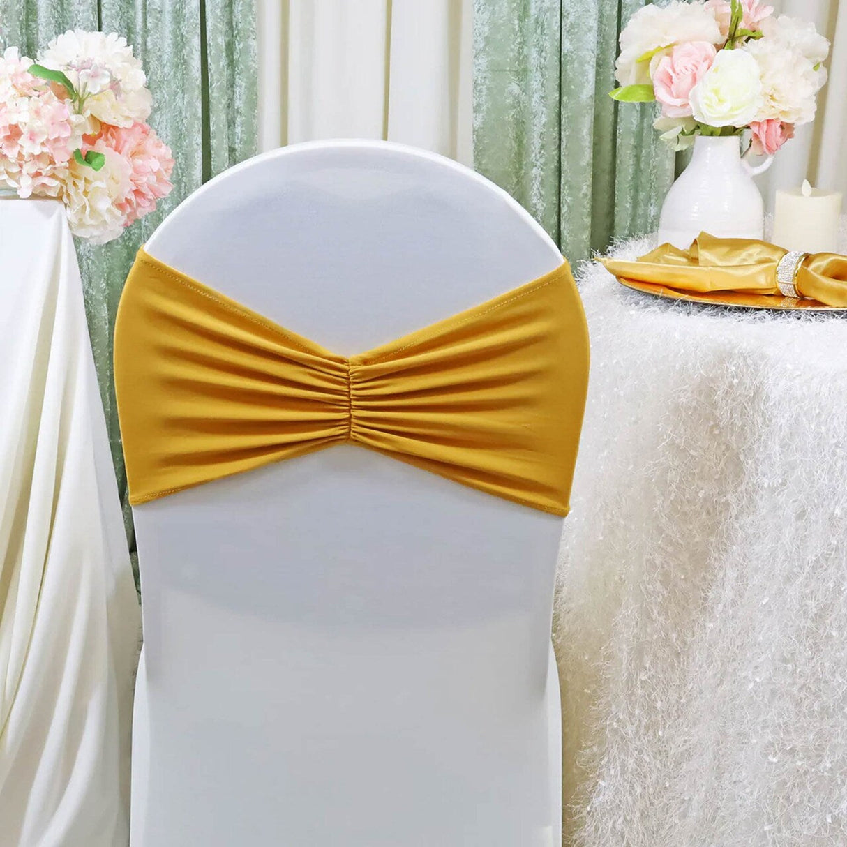 10 Pieces Gold Ruffled Spandex Chair Bands for Luxurious Event Styling 8x13 inches