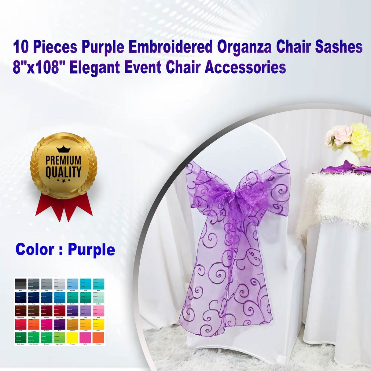 10 Pieces Purple Embroidered Organza Chair Sashes 8"x108" Elegant Event Chair Accessories