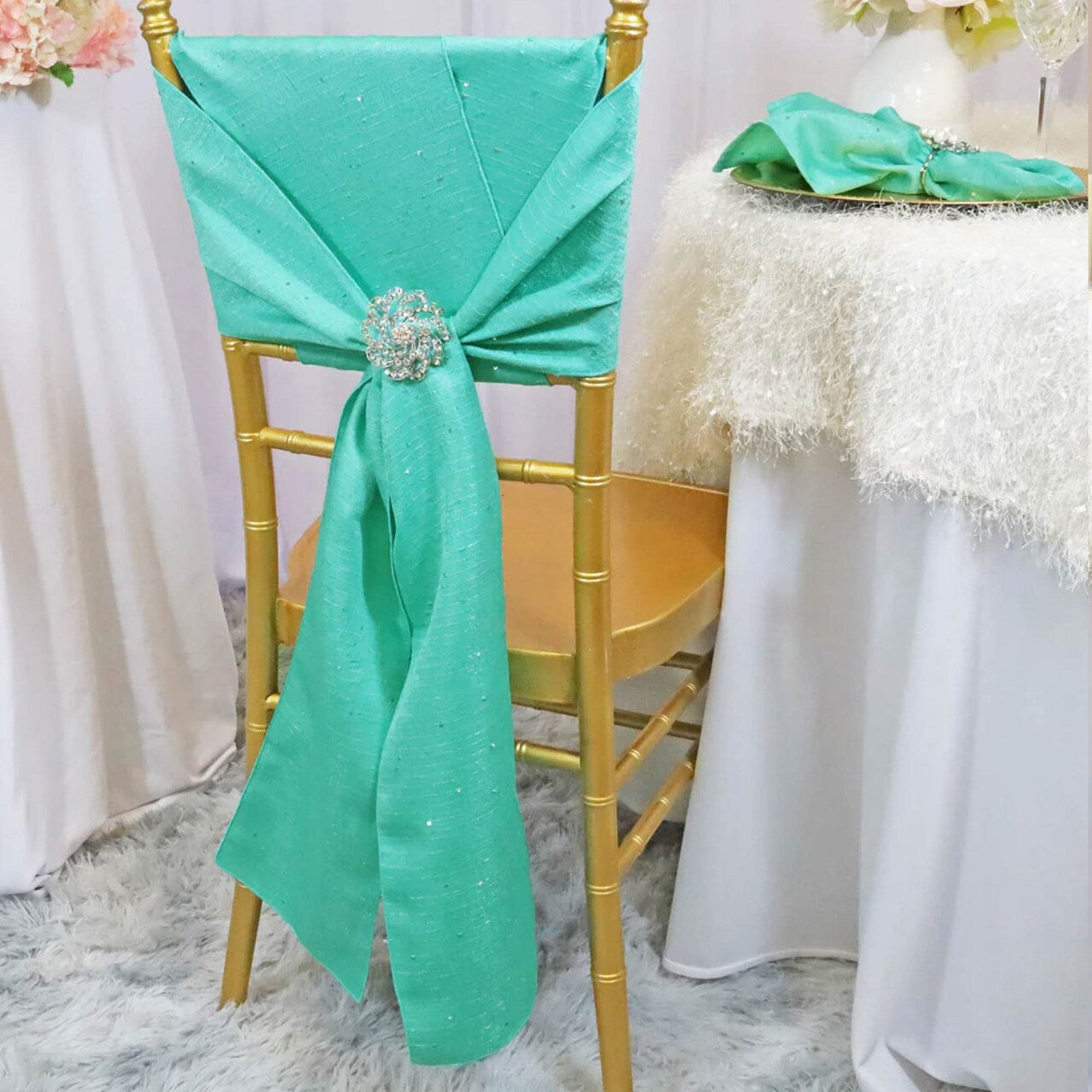 10 Pieces Tiff Blue or Aqua Blue Sequin Burlap Chair Sashes, 8"x108" Aqua Rustic Glam Decor
