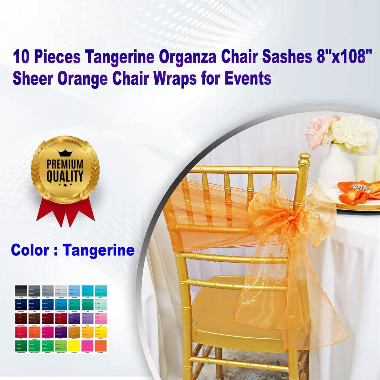 10 Pieces Tangerine Organza Chair Sashes 8"x108" Sheer Orange Chair Wraps for Events