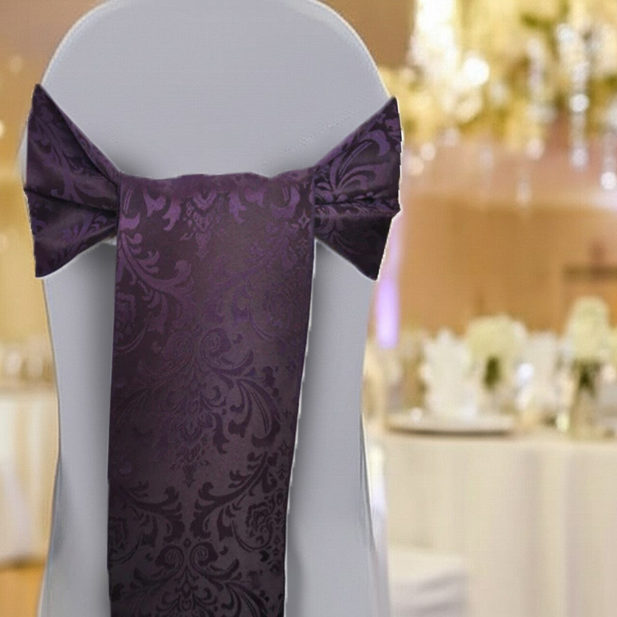 10 Pieces Eggplant Floral Damask Jacquard Chair Sashes 7.5 x 108 Inches