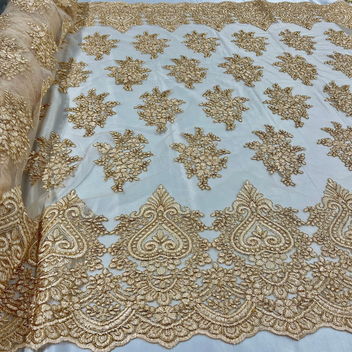 1 Yard Royal Blue Corded Lace Fabric Embroidered on Polyester Net Mesh 52 Inch Width