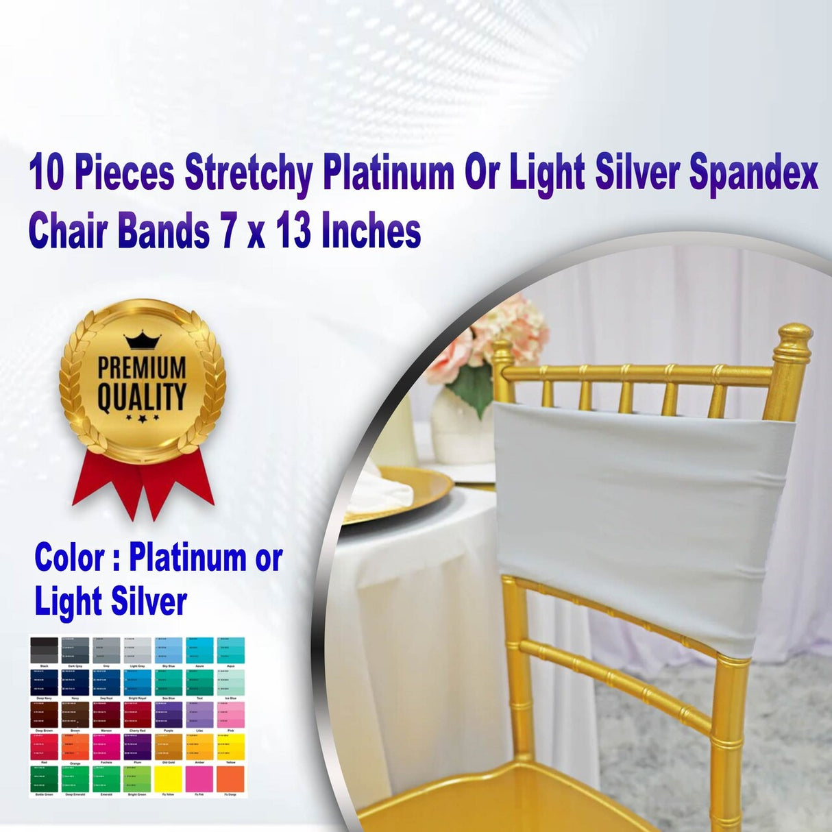 10 Pieces Stretchy Platinum Or Light Silver Spandex Chair Bands 7 x 13 Inches