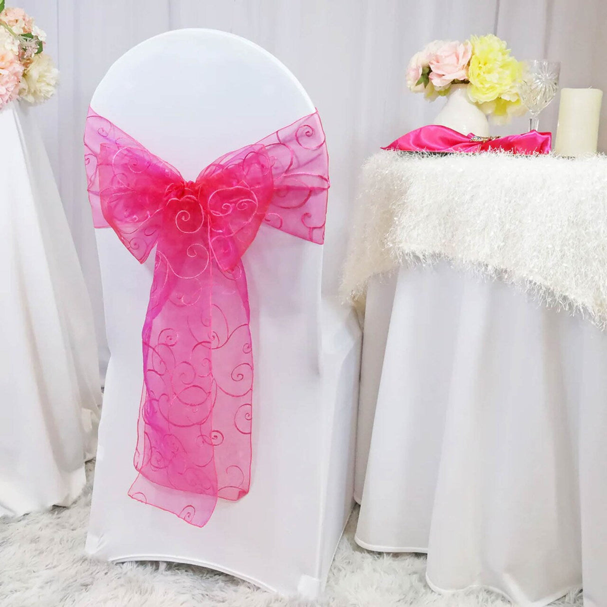 10 Pieces Fuchsia Embroidered Organza Chair Sashes Sheer Elegant Event Decor Bows 8"x108"