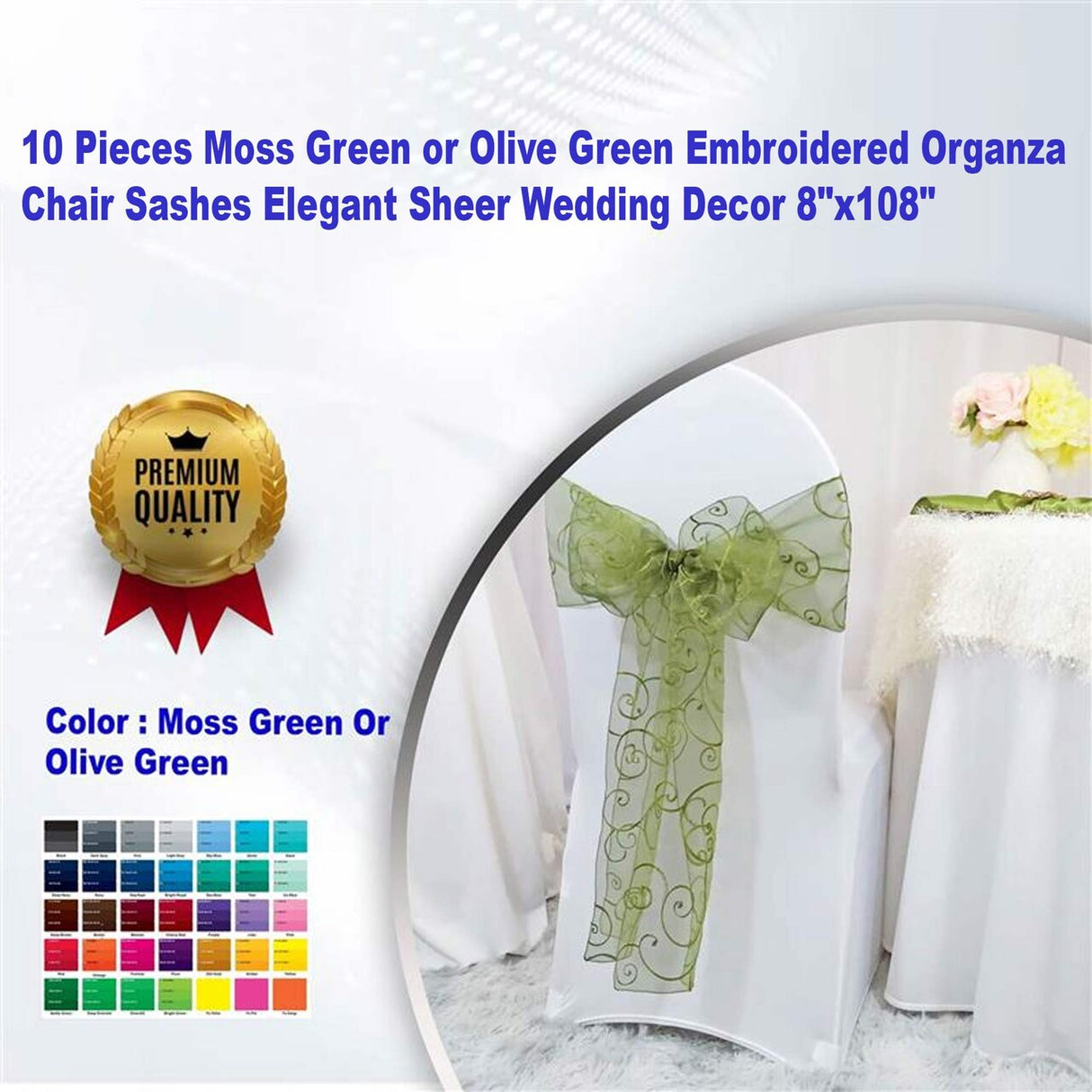 10 Pieces Moss Green Embroidered Organza Chair Sashes Elegant Sheer Wedding Decor 8"x108"