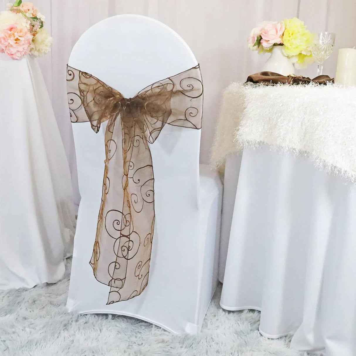 10 Pieces Chocolate Embroidered Organza Chair Sashes Elegant Event Chair Decor 8"x108"