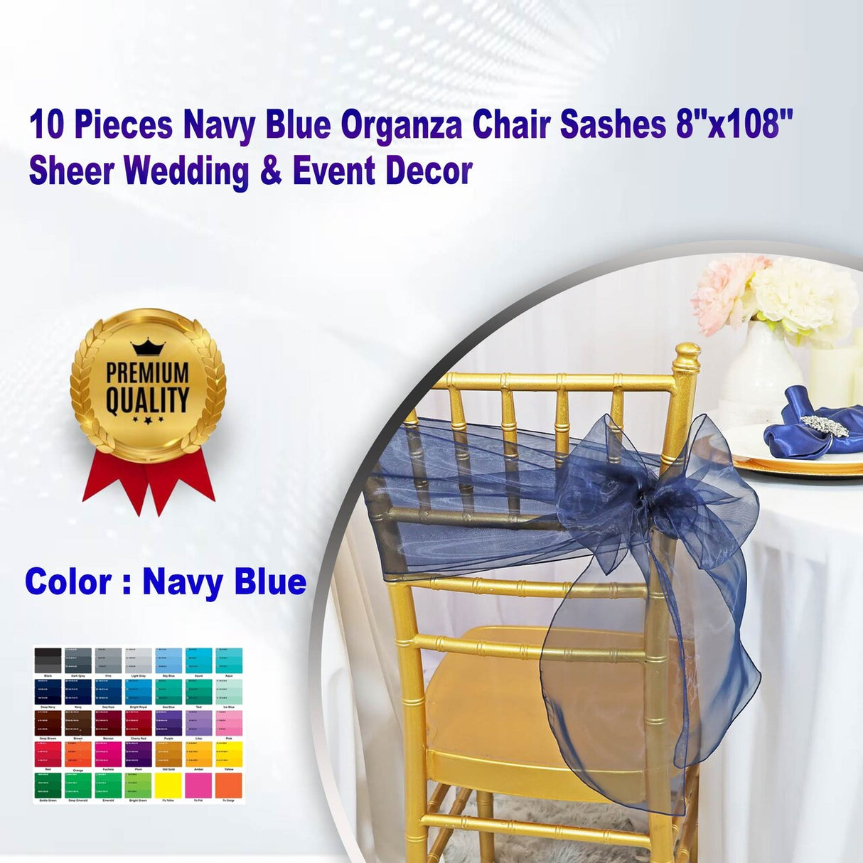10 Pieces Navy Blue Organza Chair Sashes 8"x108" Sheer Wedding & Event Decor